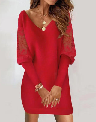 Marielle | Elegant V-Neck Mini Dress for Women with Sheer Mesh Sleeves and Floral Lace Detail