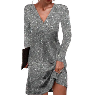 Rhian | Women’s Long Sleeve V-Neck Sequin Mini Dress for Evening Events