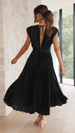 Ysolde | Women's Pleated Satin Dress with Deep V-Neckline and High Waistline