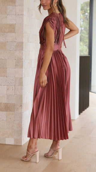 Ysolde | Women's Pleated Satin Dress with Deep V-Neckline and High Waistline