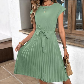 Camile | Women's Short Sleeve A-Line Pleated Midi Dress