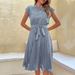 Camile | Women's Short Sleeve A-Line Pleated Midi Dress