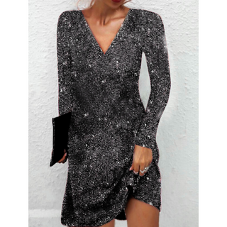 Rhian | Women’s Long Sleeve V-Neck Sequin Mini Dress for Evening Events