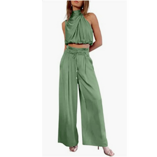 Hariette | Women’s Silk Two Piece Set with Halter Top and High Waist Trouser