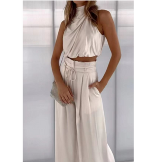 Hariette | Women’s Silk Two Piece Set with Halter Top and High Waist Trouser