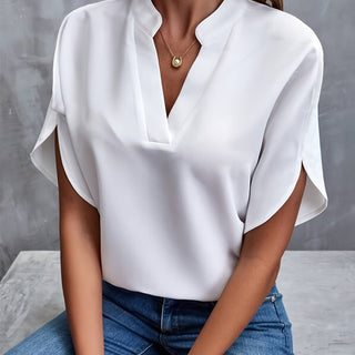 Irene | Women’s V-Neck Chiffon Top with Tulip Short Sleeves and Loose Flowing Fit