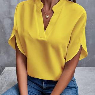 Irene | Women’s V-Neck Chiffon Top with Tulip Short Sleeves and Loose Flowing Fit