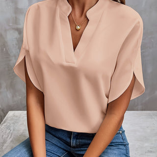 Irene | Women’s V-Neck Chiffon Top with Tulip Short Sleeves and Loose Flowing Fit