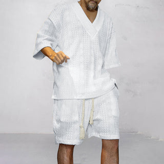 Theo | Men’s Two-Piece Knitted Leisure Set with V-Neck Collar Top and Matching Shorts