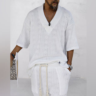 Theo | Men’s Two-Piece Knitted Leisure Set with V-Neck Collar Top and Matching Shorts