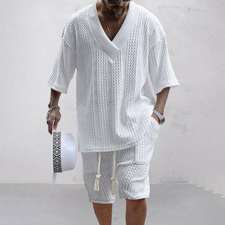 Theo | Men’s Two-Piece Knitted Leisure Set with V-Neck Collar Top and Matching Shorts