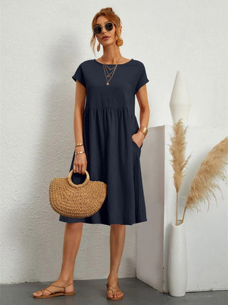 Zoe | Women's Short Sleeve Midi Dress with Pockets