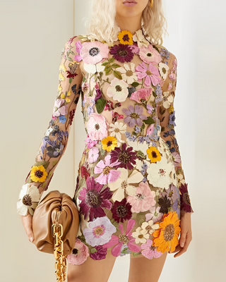 Sierra | Women’s Floral-Embroidered Tulle Mini Dress with Mock Turtleneck