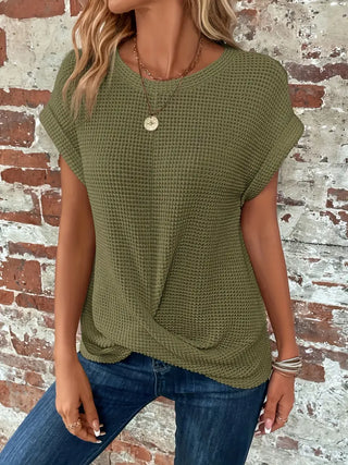 Laifa | Women’s Waffle Knit Pullover Top with Batwing Sleeves and Cross-Wrap Front Hem Design