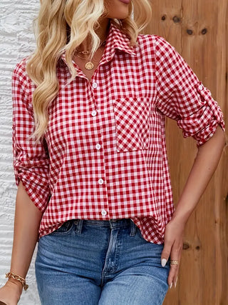 Mila | Women’s Red and White Checkered Button-Up Shirt with Single Chest Pocket
