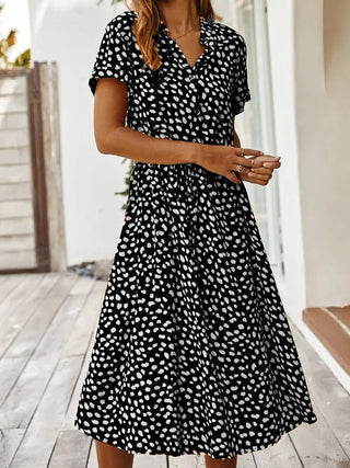 Galina | Polka Dot Midi Dress for Women with Short Sleeves and Tie-Waist V-Neck