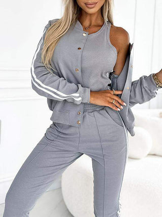 Friah | Women’s Striped Three Piece Set with Sleeveless Top Jacket and Pants