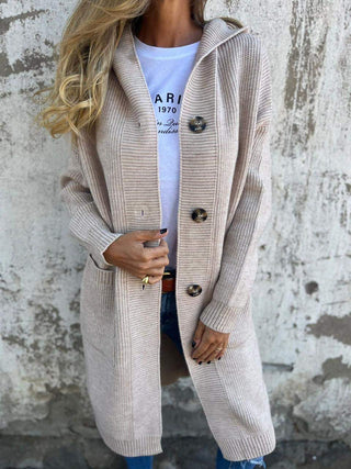 Hera | Women’s Long Loose Fit Hooded Cardigan with Button Front