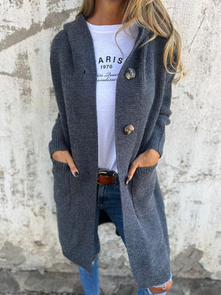 Hera | Women’s Long Loose Fit Hooded Cardigan with Button Front