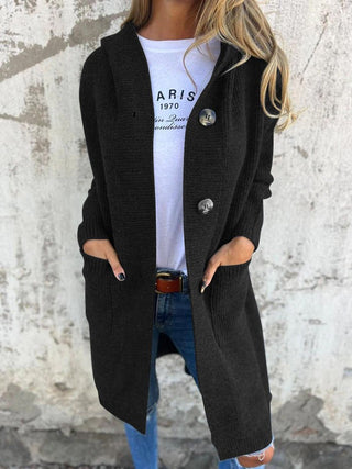 Hera | Women’s Long Loose Fit Hooded Cardigan with Button Front