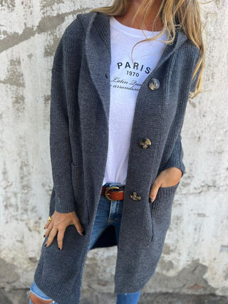 Hera | Women’s Long Loose Fit Hooded Cardigan with Button Front