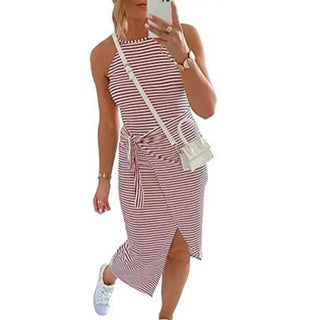 Winona | Women's Striped Sleeveless Midi Dress with Halter Neckline and Tie-Waist Detail