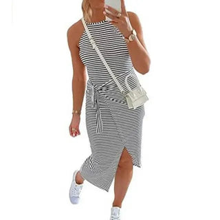Winona | Women's Striped Sleeveless Midi Dress with Halter Neckline and Tie-Waist Detail