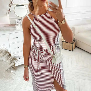Winona | Women's Striped Sleeveless Midi Dress with Halter Neckline and Tie-Waist Detail