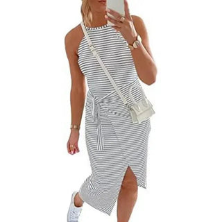 Winona | Women's Striped Sleeveless Midi Dress with Halter Neckline and Tie-Waist Detail