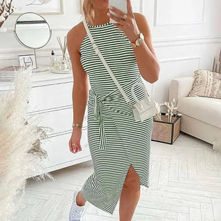Winona | Women's Striped Sleeveless Midi Dress with Halter Neckline and Tie-Waist Detail