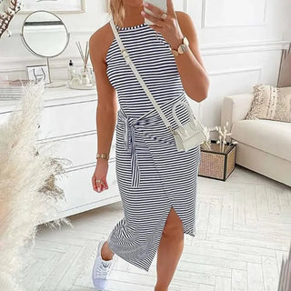 Winona | Women's Striped Sleeveless Midi Dress with Halter Neckline and Tie-Waist Detail