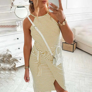 Winona | Women's Striped Sleeveless Midi Dress with Halter Neckline and Tie-Waist Detail