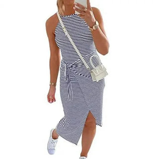 Winona | Women's Striped Sleeveless Midi Dress with Halter Neckline and Tie-Waist Detail
