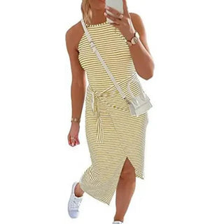 Winona | Women's Striped Sleeveless Midi Dress with Halter Neckline and Tie-Waist Detail