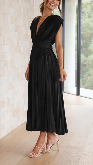Ysolde | Women's Pleated Satin Dress with Deep V-Neckline and High Waistline