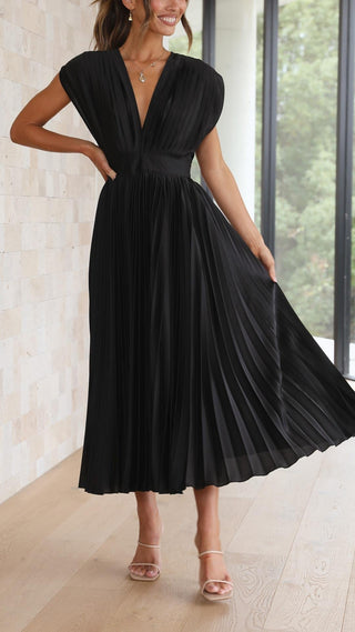 Ysolde | Women's Pleated Satin Dress with Deep V-Neckline and High Waistline