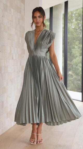 Ysolde | Women's Pleated Satin Dress with Deep V-Neckline and High Waistline