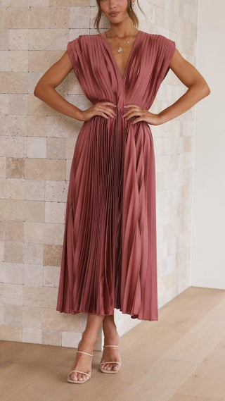 Ysolde | Women's Pleated Satin Dress with Deep V-Neckline and High Waistline