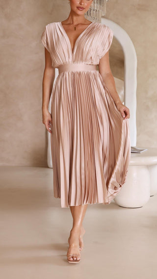 Ysolde | Women's Pleated Satin Dress with Deep V-Neckline and High Waistline