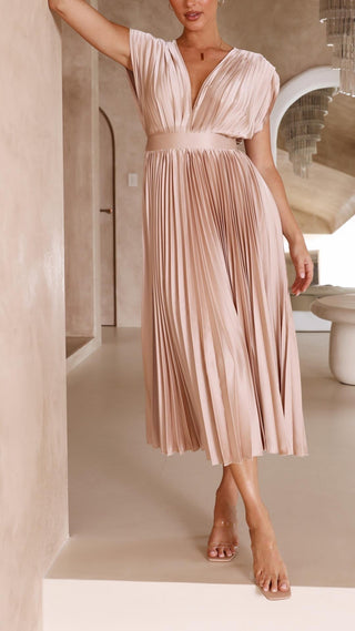 Ysolde | Women's Pleated Satin Dress with Deep V-Neckline and High Waistline