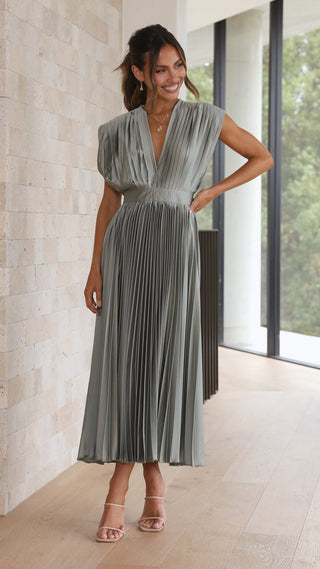 Ysolde | Women's Pleated Satin Dress with Deep V-Neckline and High Waistline