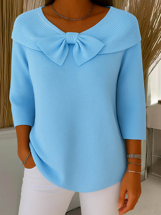 Daphne | Women's V-Neck Knitted Top with Ribbed Collar Overlay