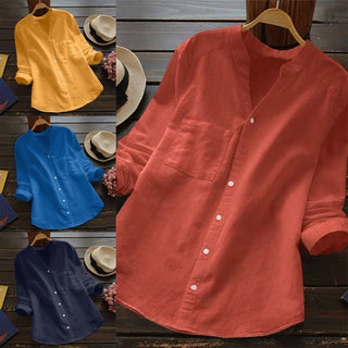 Belle | Women’s Long-Sleeved Button-Down Shirt with V-Neck Band Collar Design