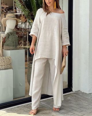 Amelina | Women’s Two-Piece Set with Long-Line Irregular-Hem Blouse and Wide-Leg Trousers