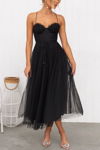 Eulla | Women's Summer Corset Midi Dress with Tulle Skirt and Spaghetti Straps