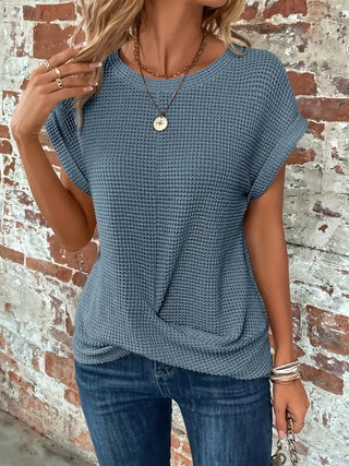 Laifa | Women’s Waffle Knit Pullover Top with Batwing Sleeves and Cross-Wrap Front Hem Design
