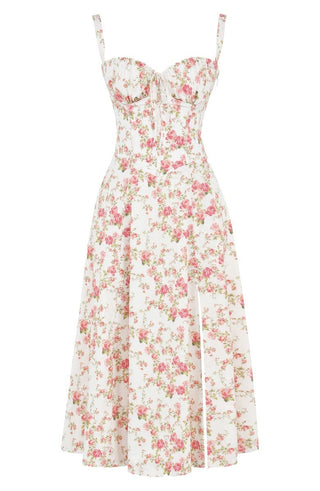 Ulrika | Women's Floral Corset Dress with Lace-Up Back and Thigh-High Side Split