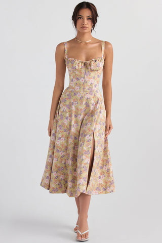 Ulrika | Women's Floral Corset Dress with Lace-Up Back and Thigh-High Side Split