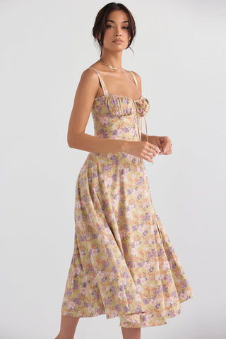 Ulrika | Women's Floral Corset Dress with Lace-Up Back and Thigh-High Side Split
