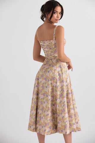 Ulrika | Women's Floral Corset Dress with Lace-Up Back and Thigh-High Side Split